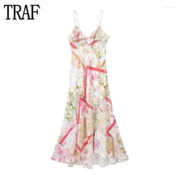 Casual Dresses 2024 Print Slip Dress Women Satin Backless Midi For Summer Beach Long Woman Semi Sheer Female