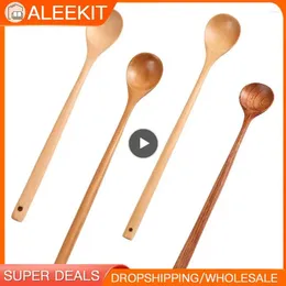 Spoons Long Wooden Natural Round Cooking Spoon For Soup Mixing Stirr Korean Style Kitchen Utensil Eco-Friendly Reusable