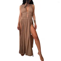 Casual Dresses Braided Dress Bohemian Style Lace-up Maxi With Belted Waist Hollow Out Detail V Neck Summer Long For Vacation Beach