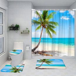 Shower Curtains Seaside Beach Curtain Set Island Coconut Tree Hawaii Ocean Nature Scenery Bathroom Decor Non-Slip Rug Bath Mat Toilet Lid