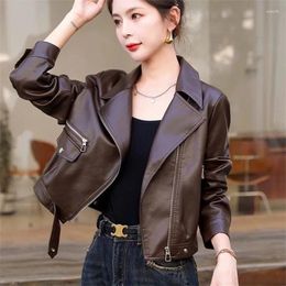 Women's Leather Coat 2024 Spring Autumn Female Short Motorcycle Suit PU Collar Jackets Zipper Pocket Jacket