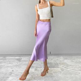 Skirts Solid Purple Satin Silk Skirt Women High Waisted Summer Long 2024 Vintage Elegant Ladies Office Midi Spring