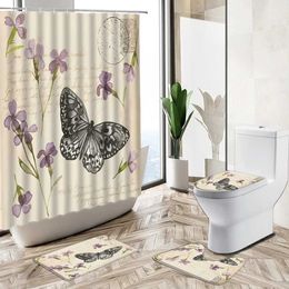 Shower Curtains Color Butterfly Flower Shower Curtain European And American Retro Home Decor Bath Mat Toilet Lid Cover Flannel Bathroom Carpet