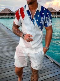 Men's Tracksuits American Flag 3D Print Men Polo shirts Set Zipper Lapel Sets Collar+ Shorts 2pcs Hawaii Holiday style Man Sweatshirt Q2405010