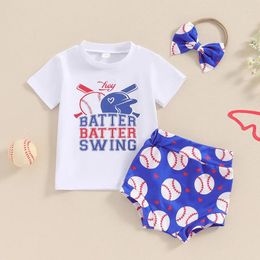 Clothing Sets 2024-04-05 Lioraitiin Baby Girl Summer Clothes Set Baseball Print Short Sleeve Tops Shorts Bow Headband Infant Toddler Outfits