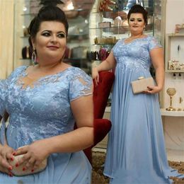light blue Plus Size Chiffon Mother of the Bride Dresses With Short Sleeves evening gowns Lace Empire Waist Arabic Mother's Dresse 244u