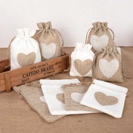 Gift Wrap 10 heart-shaped Jute Burlap bags with drawstring Jewellery mini bag Christmas wedding gift packaging tree decorationQ240511