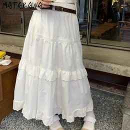 Skirts Matakawa Y2k Ruffles Women White Solid Korean Fashion Sweet Elegant Faldas Mujer A-line Vintage High Waist Long Skirt