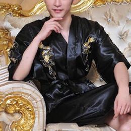 Home Clothing Men Satin Chinese Dragon Embroidered Bathrobe Sleepwear Silk Kimono Pajamas Casual Loose Gown Bath Robe Nightwear