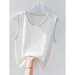 Women's T Shirts Ice Silk Tank Top For Spring/Summer 2024 Underlay Loose Bright Fashion Thin Sleeveless Knitted Tops With Straps