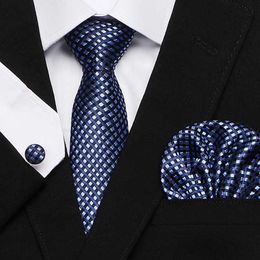 Neck Tie Set Mens Tie Black Solid palid Silk Classic necktie+Hanky+Cufflinks Set For Men business and Wedding Party 145*7.5cm