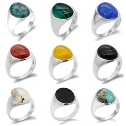 925 Sterling Silver Men Ring with Turquoise/Lapis Lazuli/Agate/Malachite/Onyx/Phoenix Stone Simple Jewelry to Male Women Gift 240509