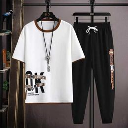 Men's Tracksuits Mens Joggers Set Korean Fashion Outfit Suits Print T-shirt Multi-pocket Cargo Pants 2 Piece Summer Mne Clothing 2024 New Q2405010
