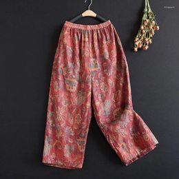 Women's Pants Limiguyue Summer Loose Cotton Linen Women Vintage Floral Print Elastic Waist Casual Ankle-Length Trousers Thin E761