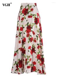 Skirts VGH Hit Colour Floral Printing Temperament Skirt For Women High Waist Spliced Zipper Elegant Long Female Fashion Style