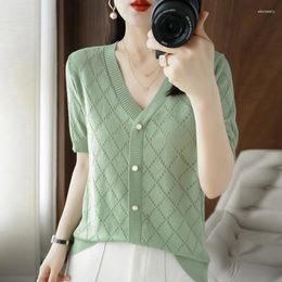 Women's T Shirts T-shirt Summer Worsted Wool Knitted Cardigan Casual Short-Sleeved Sweater Loose Tops V-neck Blouse Hollow Tees