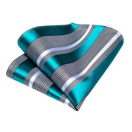 Neck Tie Set Gift Men Tie Teal Blue White Striped Silk wedding Tie For Men Designer Hanky Cufflink Quality Men Tie Set Business 7339