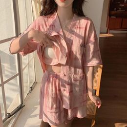 Home Clothing Korean Women's Summer Sleepwear Sweet Shorts Short Sleeved Crepe Cotton With Chest Pad Pyjamas Cardigan Ladies Set
