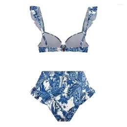 Women's Swimwear Retro Floral Print Bikini Set With Beach Cover-up Skirt Bohemia Style Ruffle Sleeve Lace-up Cover Up