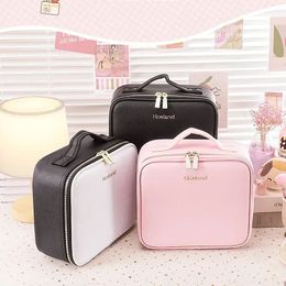 Makeup train box with 3-color adjustable brightness LED mirror makeup travel box adjustable divider womens toilet bag 240507