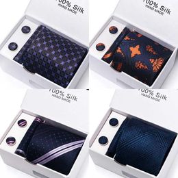 Neck Tie Set Festive Present Gift Box Jacquard Cravat Men Silk Tie Handkerchief Pocket Squares Cufflink Set Necktie Plaid Fit Resale