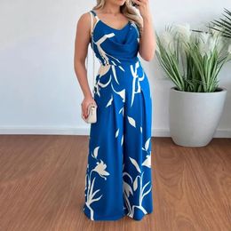 Jumpsuit For Women Spring Summer Print Sleeveless Deep Vneck High Waist Loose Fashion Chic Casual Commute Female 240423