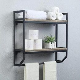 Storage Boxes Industrial 23.6" 2-Tier Metal Bathroom Shelves Wall Mounted Rustic Shelf Over Toilet Towel Rack With Bar Versatile Organizer