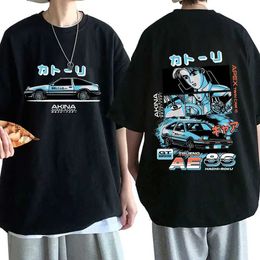Men's T-Shirts Anime Drift AE86 Initial D Double Sided T Shirt O-Neck Short Slves Summer Casual Unisex R34 Skyline GTR JDM Manga T-Shirts T240510