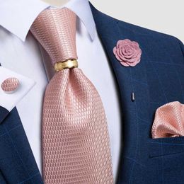Neck Tie Set New Designer Mens Teal Blue Plaid Solid Pink Ties Wedding Accessories Silk Ties Brooch Tie Ring Set Gfit For Men