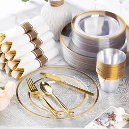 Disposable Dinnerware 350 Piece Gold Plastic Set For Party Clear Plates 50 Guests Include Dinner