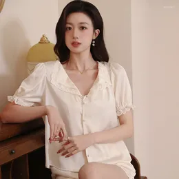 Home Clothing Summer Sweet Short Sleeves Lace Turn-Down V-Collar Sleepwear French Loose Design Cardigan Loungewear Ice Silk Two-Pieces