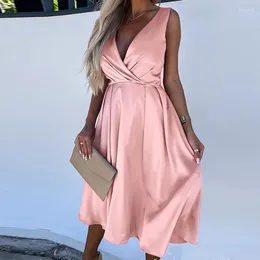 Casual Dresses Solid Color V Neck Sleeveless Dress Elegant High Waist Pleated Party Summer Holiday Beach A-Line Vestidos