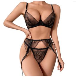 Bras Sets Embroidery Sexy Erotic Lingerie Set Bra Thong And Garter Exotic Perspective Babydoll Sensual Porn Underwear Lenceria