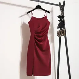 Casual Dresses Women Pleated Sling Dress Summer Female O Neck Sleeveless Large Size A Line Vintage Elegant Black Red Split Polyester