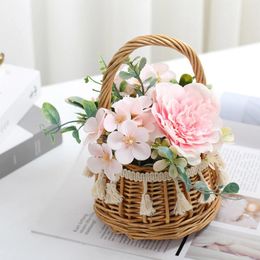 Decorative Flowers Artificial Camellia With Hand Woven Basket Wedding Party Decoration Pink White Yellow Plastic Flower Home Outdoor Garden