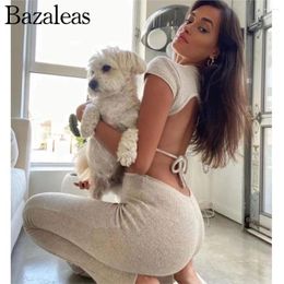 Work Dresses 2024 Bazaleas Store Women Grey Colored Back Crop Tops Knitted 2 Pieces Set Women's Clothing Official