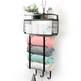 Storage Boxes Bathroom Wall Mounted Towel Holder With Wooden Shelf & 3 Hooks Large Rolled Towels Sturdy Metal Construction Space