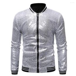 Men's Jackets Zipper Cardigan Jacket Sequin Stand Collar With Shiny Long Sleeves Slim Fit Closure Mid Length For Stage