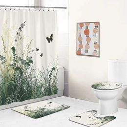 Shower Curtains Natural Landscape Bath Mat Set Green Plants Leaves Butterfly Flowers Floral Bathroom Rug Toilet Lid Cover Nature Bath Decor