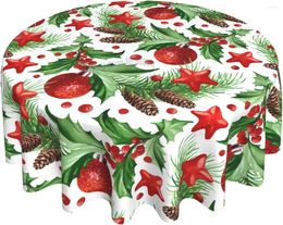 Table Cloth Christmas Round Tablecloth 60 Inch Red Xmas Balls Green Winter Floral Plant Leaf Print Decorative With Dust-Proof