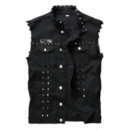 Idopy Fashion Mens Rivet Denim Vest Punk Party Studded Slim Fit Jean Jacket Male Sleeveless Waistcoat For Men Plus Size 240509