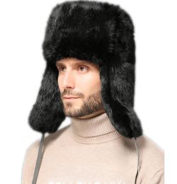 Real Rabbit Fur Trapper Hat Ear flaps Men Russian Ushanka Aviator Hunter Ski Cap2115200