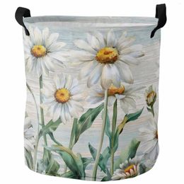 Laundry Bags Floral Plants Daisies Rural Retro Wood Grain Foldable Dirty Basket Kid's Toy Organizer Waterproof Storage Baskets