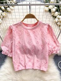 Women's Blouses Gagaok Sweet Women Blouse 2024 Summer Round Neck Floral Embroidery Puff Sleeve Top Korean Fashion Solid Color Blusa Feminina
