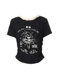 Women's T Shirts High Quality Cartoon Print Graphic Crop Top Korean Casual Gyaru T-Shirts Short Sleeved Lace Tees Simple Streetwear Design