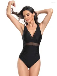 Women's Swimwear 2024 Solid Color Swimsuit Sexy Deep V-neck Cinching Bikini Women One Piece Black Hight Waisted Bath Suits