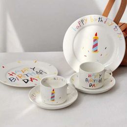 Cups Saucers Korean Cartoon Handdrawn Cup Happy Birthday Ceramic Breakfast Cup Cake Plate Cute Coffee Cup and Plate Set As A Gift