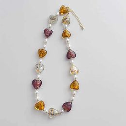 Pendant Necklaces Minar Fashion Sweet Colorful Glass Heart Pearl Beaded Necklace for Women Ins Geometric Chokers Necklaces Clavicle Charm Jewelry