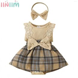 Girl Dresses Infant Girls Sleeveless Summer Casual Lace Bow Plaid Romper Dress With Headband For Daily Birthday Party Holiday Phorography