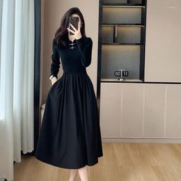 Casual Dresses Chinese Style Black Long Sleeve Women's 2024 Autumn Hepburn High-Grade Dress